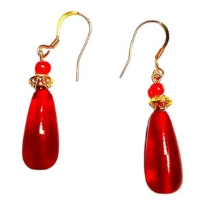 Handmade Red Czech Glass Teardrop Dangle Earrings French Hooks 1 1/4"